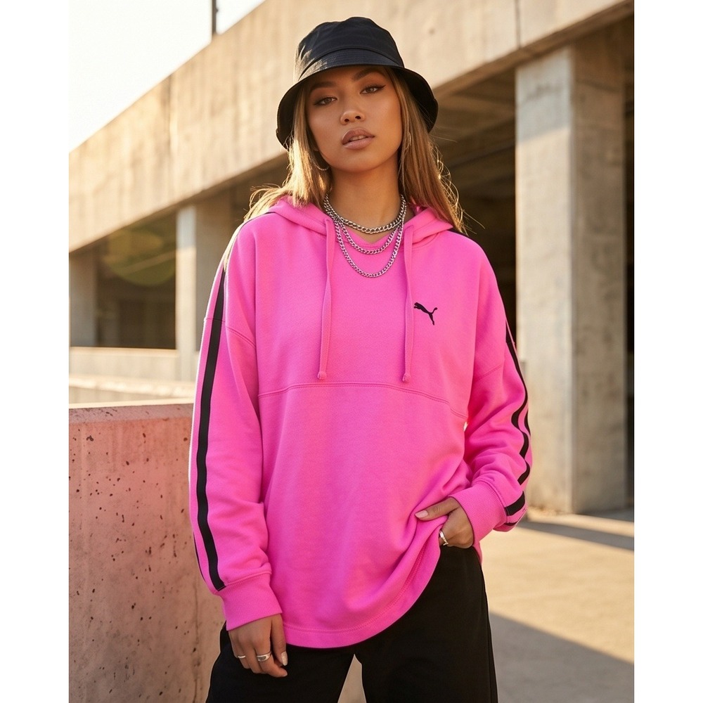 Victoria's Secret Pink L Womens Hoodie Large Neon Hot‎ Pink Side Stripe Pullover